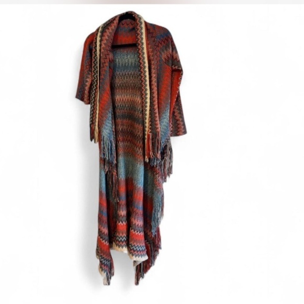 Woven Heart Boho Aztec Cardigan Large Fringe Open Front Long Duster Southwest